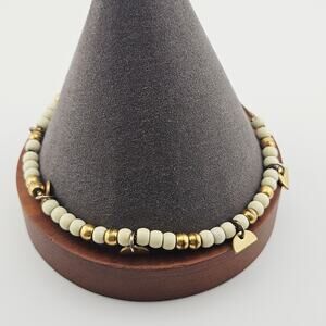 Gold Tone & White Beaded Adjustable Bracelet Stackable Simple Boho Artsy